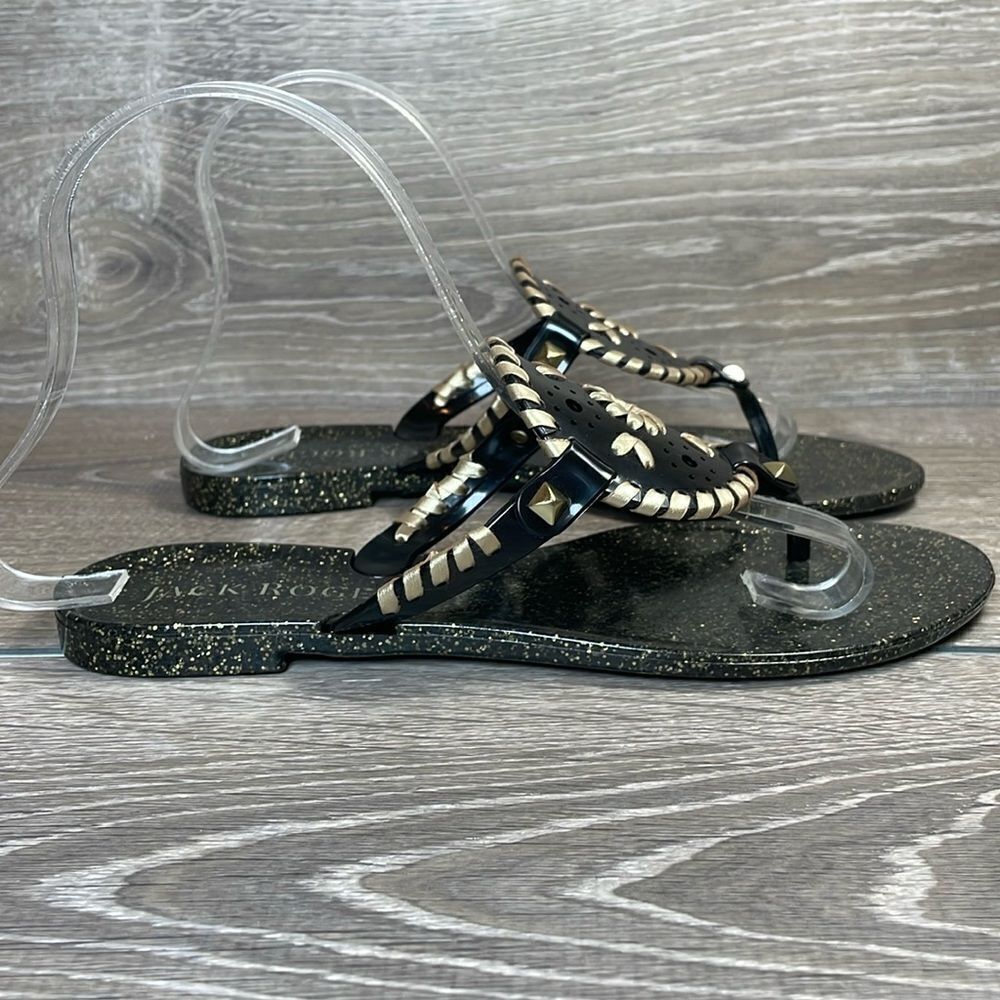 Jack Rogers Georgica Black Gold Jelly Jeweled Women’s Sz 6 Slip On Slide Sandals